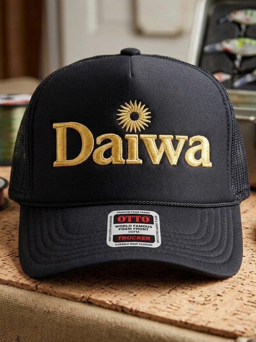 Daiwa Fishing Tackle Sunburst Logo Black Gold OTTO Foam Rope Trucker Hat Retro